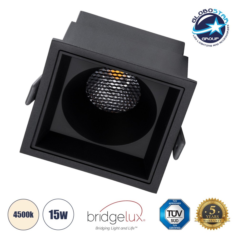 GLOBOSTAR® PLUTO-B 60280 Χωνευτό Downlight Σποτ με Honeycomb Anti Glare Reflector LED 15W 1950lm 38° AC 220-240V IP20 Φυσικό Λευκό 4500K - Bridgelux COB Chip & TÜV SÜD Driver - Μαύρο Ματ - Μ10.4 x Π10.4 x Υ6.5cm - Q9.5 x 9.5cm - 5 Χρόνια Εγγύηση
